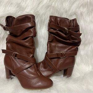 BAMBOO Brown Heeled Boots with Straps